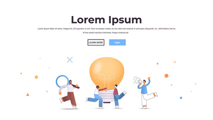 set mix race businesspeople holding magnifying glass light lamp and loudspeaker full length horizontal copy space vector illustration