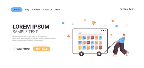 young man pulling web browser window with computer applications software development concept full length horizontal copy space vector illustration