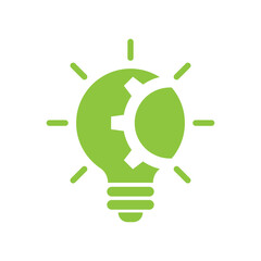 Green bulb with gear and rays flat icon. Isolated on white background. 