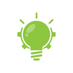 Green bulb with gear and rays flat icon. Isolated on white background. 