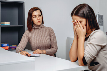 Appointment with a psychologist. Psychological problems. Cried woman with broken mental health.  The process of psychological correction of personality. Help for those in need. Depression concept