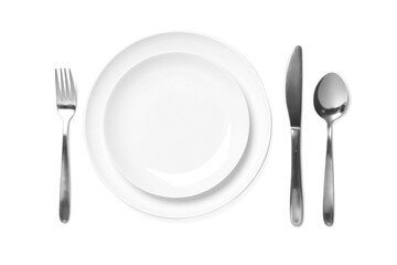 Beautiful table setting on white background, top view