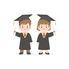 A boy and a girl in graduation gown holding diploma illustration vector on white background. Education concept