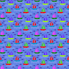Obraz premium Pattern with ships and fish in the sea. Sea voyage - summer vacation. Vector illustration on a blue background. Modern creative design for gifts, banners, brochures, greetings and invitations.