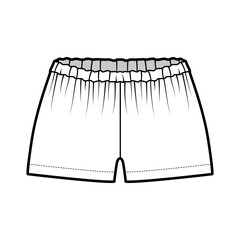 Short tap pants technical fashion illustration with mini length, low waist, rise, gathered. Flat sleepwear bottom apparel template front, white color style. Women men unisex CAD mockup