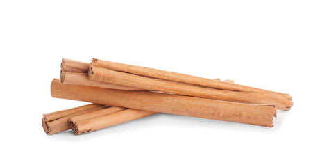 Aromatic brown cinnamon sticks on white background