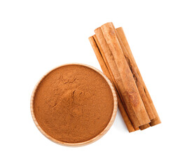 Aromatic cinnamon sticks and bowl with powder on white background, top view