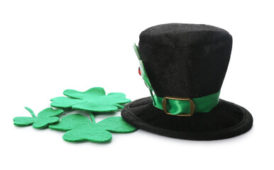 Leprechaun's hat and decorative clover leaves on white background. St. Patrick's day celebration