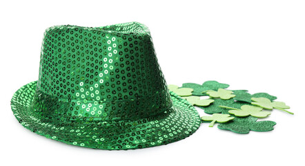 Leprechaun's hat and decorative clover leaves on white background. St. Patrick's day celebration