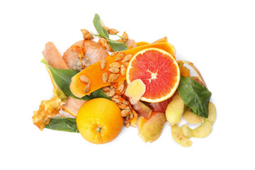 Pile of organic waste for composting on white background, top view