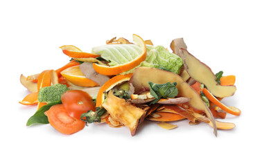 Pile of organic waste for composting on white background