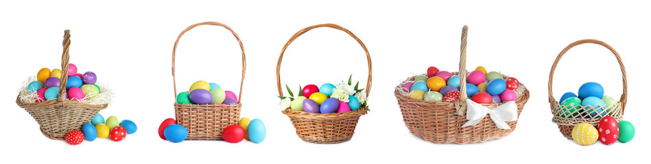 Set of wicker baskets with bright Easter eggs on white background, banner design