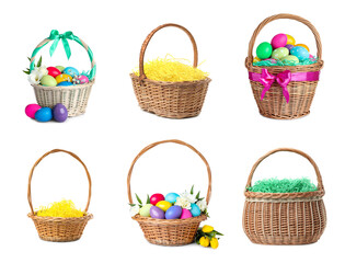 Fototapeta na wymiar Set with wicker baskets on white background. Easter item