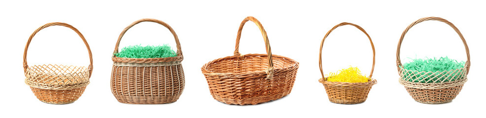 Set with wicker baskets on white background, banner design. Easter item