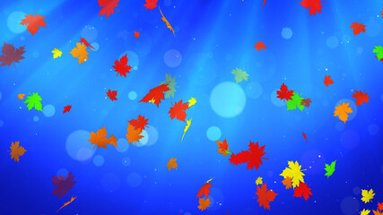 Naklejka na ściany i meble Artistic Shape Falling Autumn Leaves In The Wind With Flying Glitter Dust Circle Bokeh On Blue Light Burst Background 3D Illustration