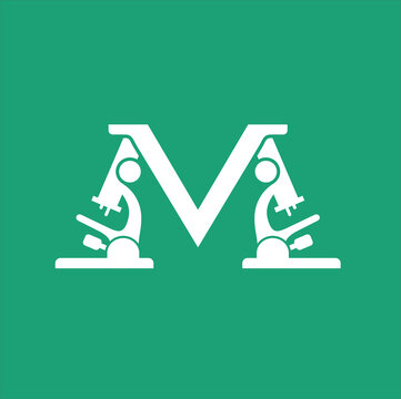 icon of initial M and microscope, logo template for laboratory with a name starting with the letter M.