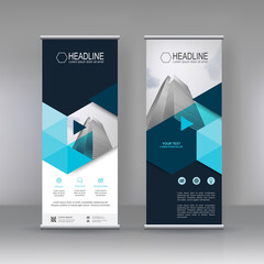Blue Roll up banner stand brochure flyer vertical template design, covers ,infographics ,vector abstract geometric background, modern x-banner and flag-banner advertising design element