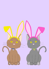 Illustration hand drawn cartoon of two adorable kittens wearing easter bunny ears looking directly at viewer on light purple background. Copy space.