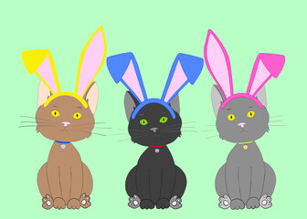 Illustration hand drawn cartoon of three adorable kittens wearing easter bunny ears looking directly at viewer on light green background. Copy space.