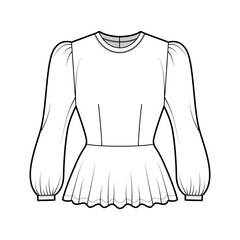 Peplum blouse technical fashion illustration with bouffant long sleeves, scoop neck, fitted body. Flat shirt apparel top template front, white color. Women, men unisex CAD mockup