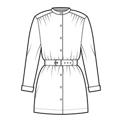 Belted blouse technical fashion illustration with long sleeves, stand collar, oversized, button up, enlarged hem. Flat apparel top template front, white color. Women, men unisex CAD mockup