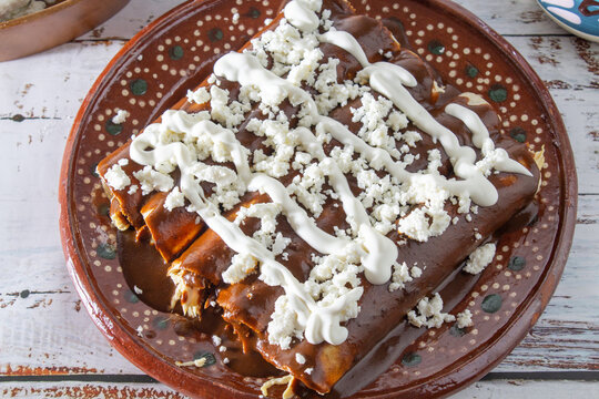 close up of enchiladas or mole wrapped with cream and fresh cheese. gourmet mexican food