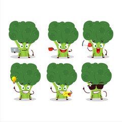 Brocoli cartoon character with various types of business emoticons