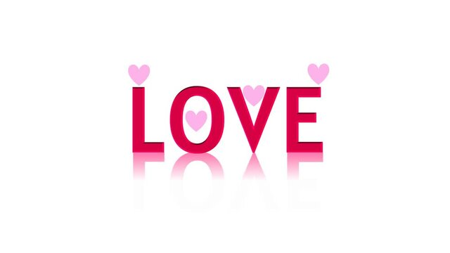 Animated video of a pink heart shape and the words 'love' with reflection, beautiful composition