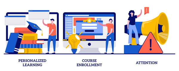 Personalized learning, course enrollment, attention concept with tiny people. Flexible study plan abstract vector illustration set. Apply for degree program, new student, concentration metaphor