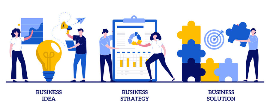 Business idea, strategy and solution concept with tiny people. Business plan abstract vector illustration set. Company achievement, problem solving, decision making, effective performance metaphor