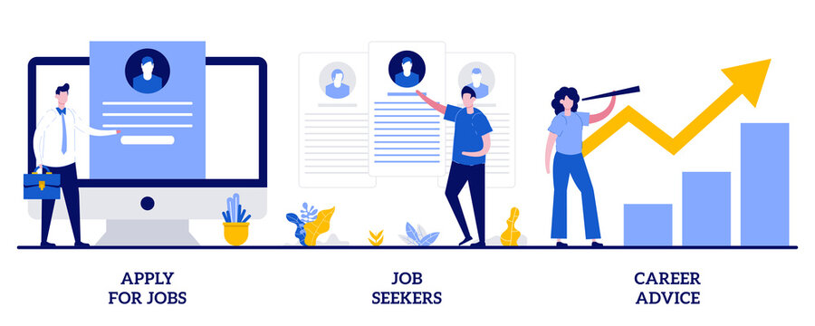 Apply For Job, Job Seekers, Career Advice Concept With Tiny People. HR Service Abstract Vector Illustration Set. Hiring, Start Career, Search For Work, Employee Profile, Corporate Website Metaphor