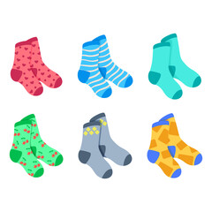 Vector set of colored bright pairs of socks. Socks with different patterns. White isolated background