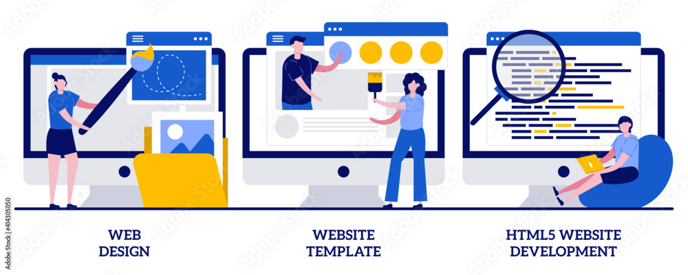 Poster web design, website template, html5 development concept with tiny people. website building service a