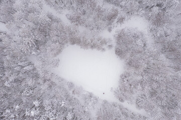 Winter landscape on a frosty day, trees in hoarfrost and a snowy meadow. Drone photo