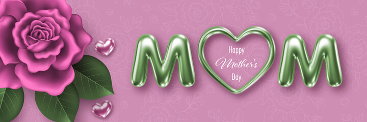 Fototapeta na wymiar Happy Mothers day background with 3d letters and rose flowers. Greeting card, invitation or sale banner template