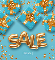 Sale banner template with 3d golden letters and gift boxes on light blue background