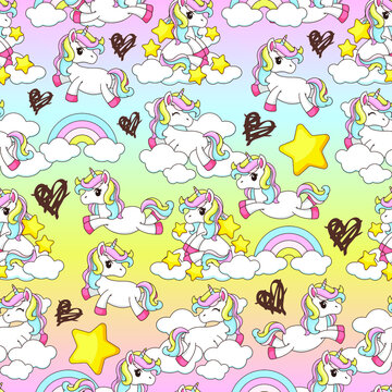 Vector image of a seamless pattern of cute unicorns in different poses with heart details.