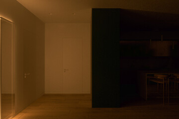 Interior design of the apartment in light colors. Realistic 3D computer visualization of the interior of the kitchen and hall in a modern style. Daylight render