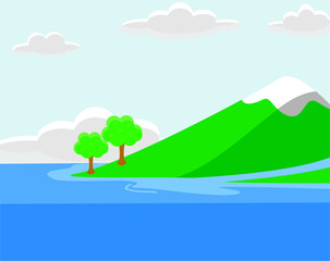landscape with mountains and blue sky. Vector illustration of mountain and sea views, for background and water cycle