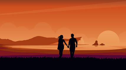 Naklejka na ściany i meble couple walking on the beach at sunset