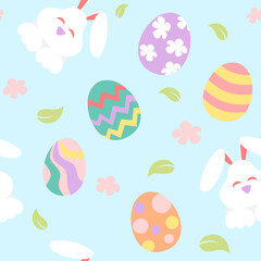Easter seamless pattern with painted eggs and bunny