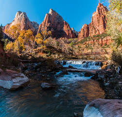 Bridge and Waterfall Below The Court of The Patriarchs, Zion National Park, Utah, USA