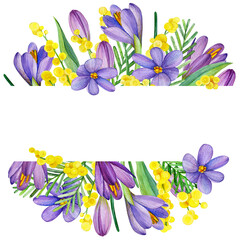 Cute hand drawn watercolor illustration background frame of spring flowers. Purple crocuses and yellow mimosa elegant frame. Template for design and print