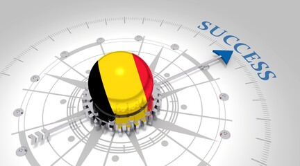 Business concept. Abstract compass points to the success word. Flag of Belgium. 3D rendering