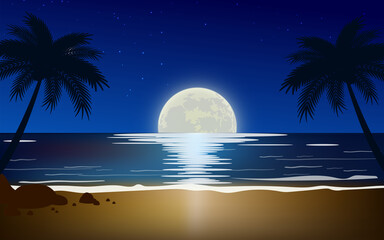 landscape of the beach in full moon night