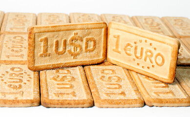 1 USD dollar and 1 EURO , money symbols in cookies on white background