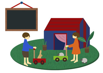 おうち時間　室内で手押し車を押して遊ぶ子供とカラフルなテントと、書き込みができるメッセージボードの手描きイラストセット（ステイホームや幼児教育等にも）バリエーション