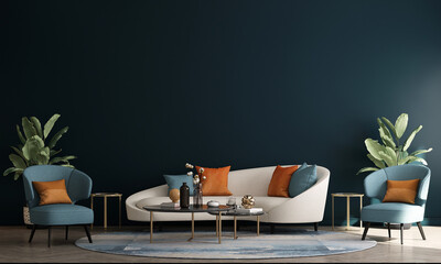 Modern cozy mock up decor interior design of living room and blue wall texture background, 3d rendering