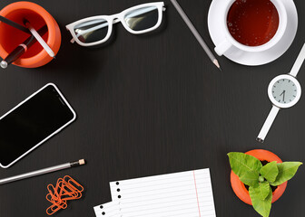 Office, business utensils on a dark wooden table , telephone, a cup of tea, pencils, a notebook, glasses, a plant in a pot. Hand signing the document. 3d illustration. Render.