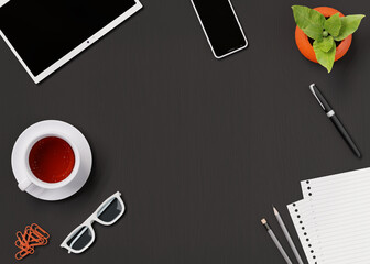 Office, business utensils on a dark wooden table , telephone, a cup of tea, pencils, a notebook, glasses, a plant in a pot. Hand signing the document. 3d illustration. Render.